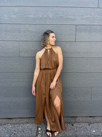 STATUS HALTER DRESS - Brown & Navy