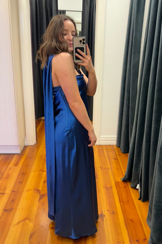 Formal dress blue midi full length satin one shoulder 