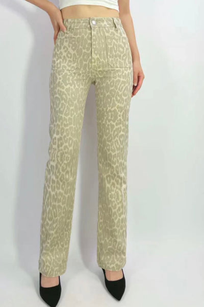 leopard print straight leg jean stretch