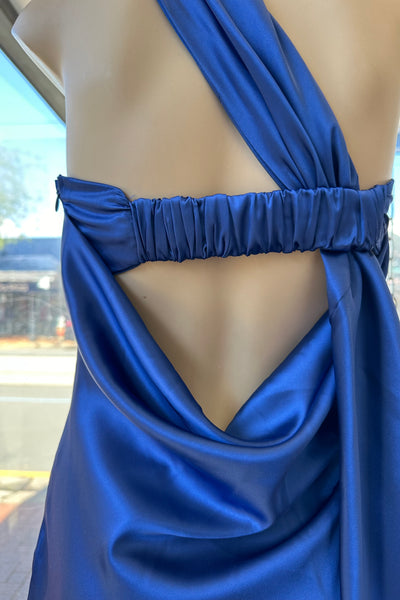 Formal dress blue midi full length satin one shoulder 