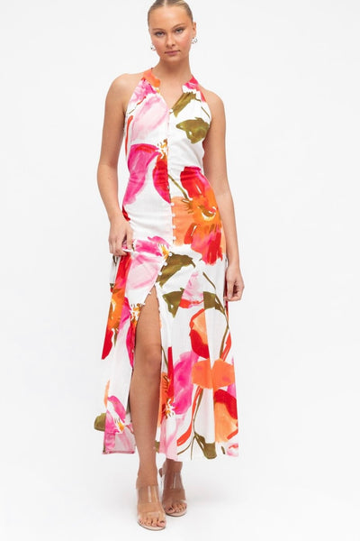 halter style button down maxi dress floral