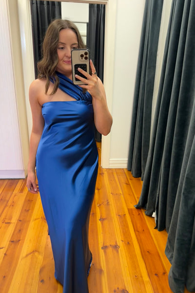 Formal dress blue midi full length satin one shoulder 