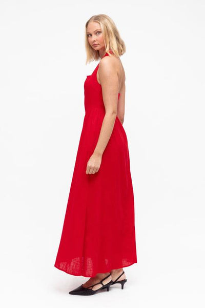 red halter neck maxi dress