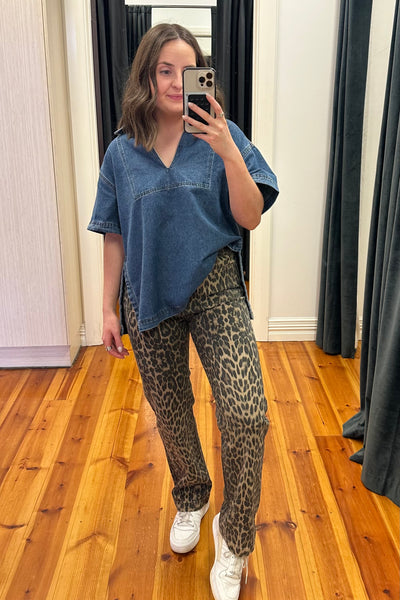 Leopard-print jeans stretch full length high rise