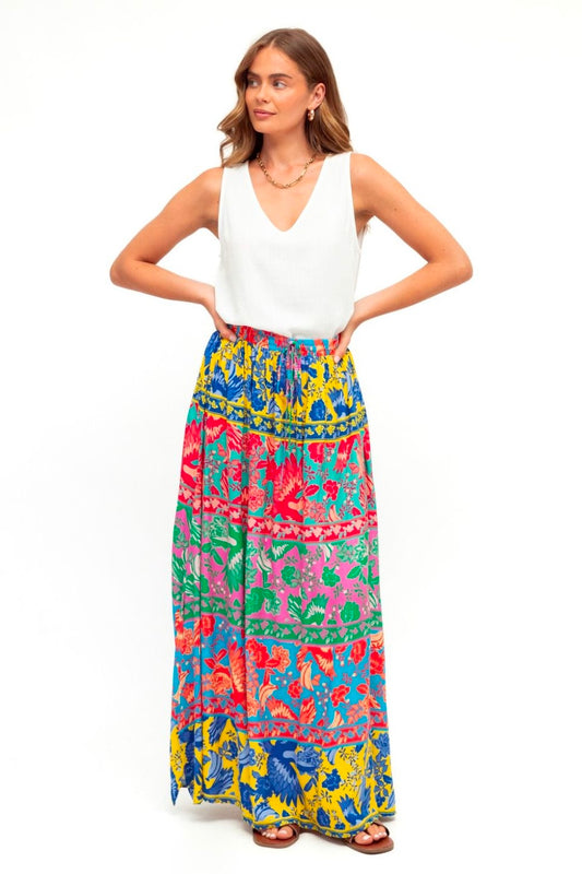 elastic waist printed side split maxi skirt