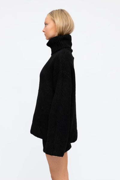 knitted jumper set roll-neck black natural long-line 
