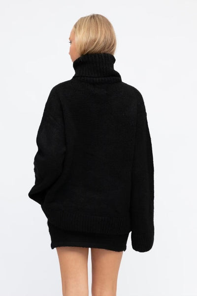 knitted jumper set roll-neck black natural long-line