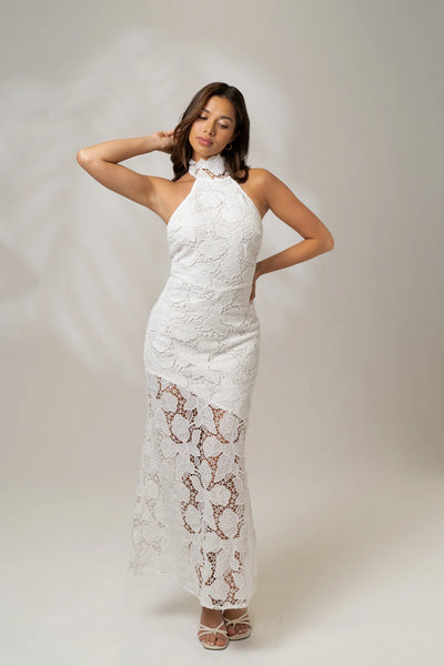 white halter lace low back formal dress