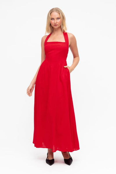 red halter neck maxi dress