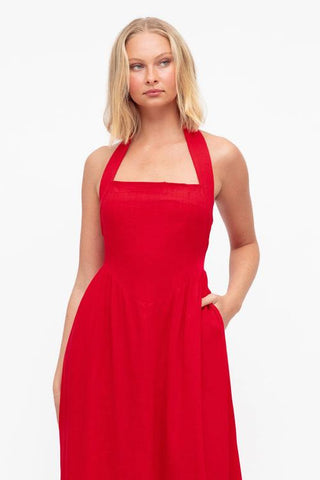 red halter neck maxi dress