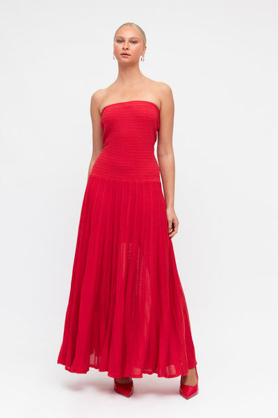 red strapless maxi dress 