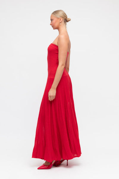 red strapless maxi dress 