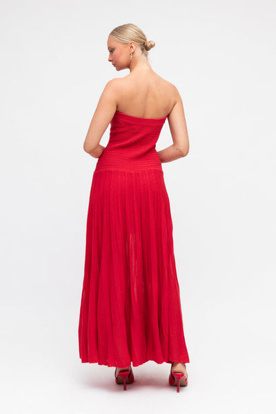 red strapless maxi dress 